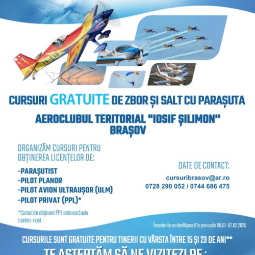 Aeroclubul Teritorial &quot;Iosif Silimon&quot; Brașov oferă cursuri gratuite de zbor și salt cu parașuta pentru tineri