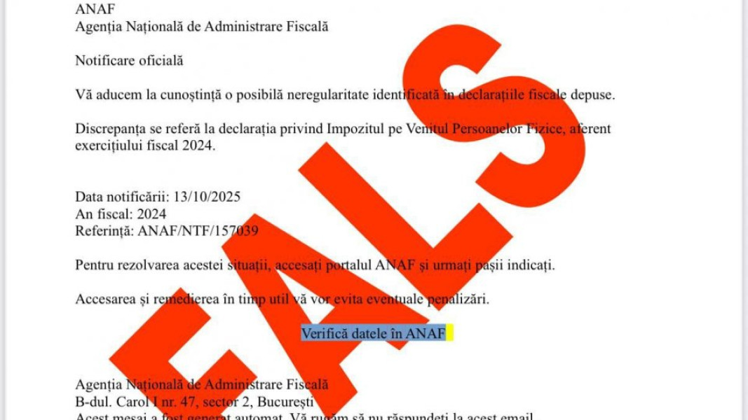 ANAF avertizează asupra unor emailuri false privind neregularități fiscale
