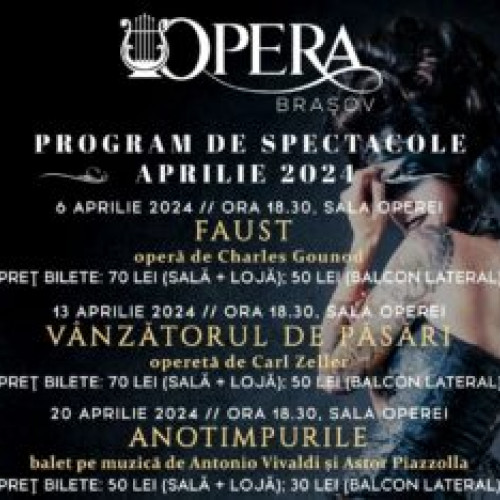 Programul lunii aprilie la Opera Brașov: spectacole importante și recitaluri de muzică clasică